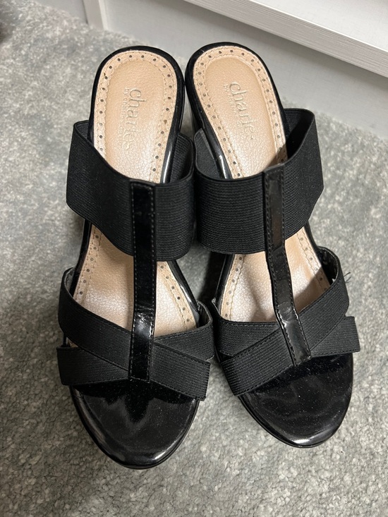 Charles By Charles David Shoes - Charles by Charles David Black Elastic T-Strap Slide wedges